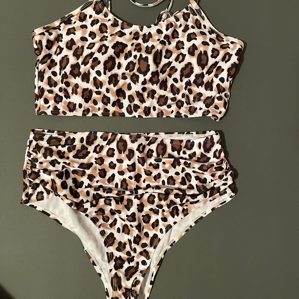 Cheetah print long line top bikini